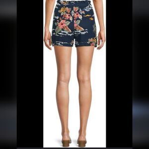 Time & True Linen Rayon Blend Hawaiian Print High-Waist Shorts Sz L